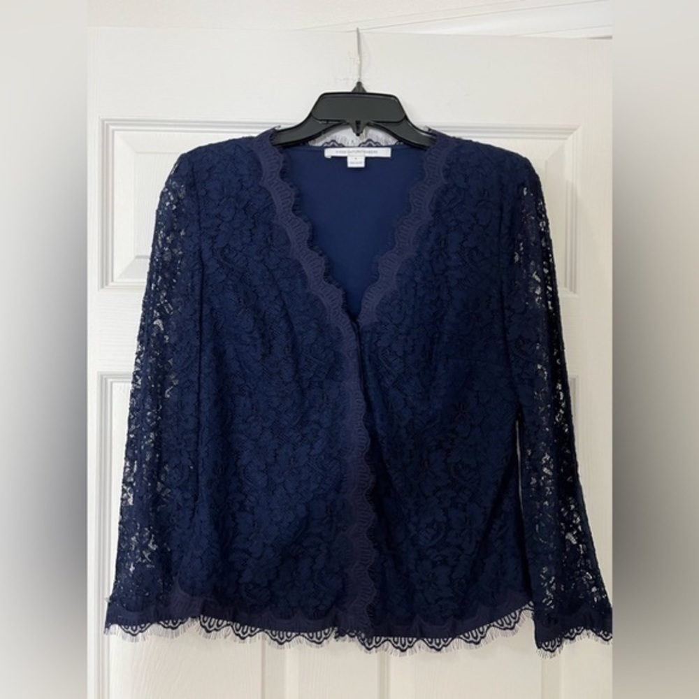 lace DVF Diane von Furstenberg jacket size 8 navy blue - Picture 2 of 12